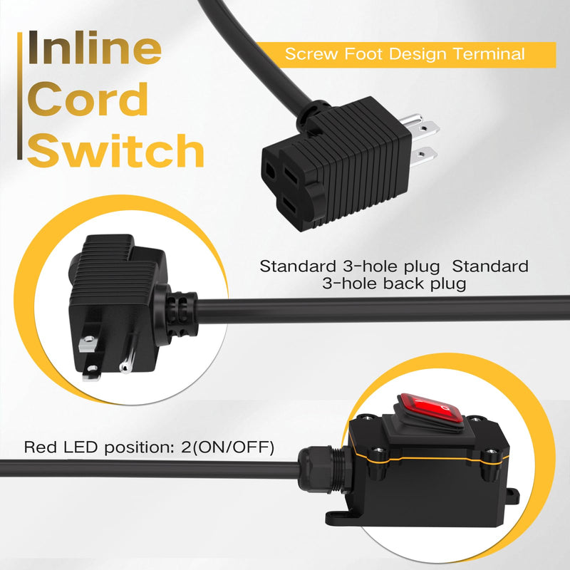 STARELO Extension Cord with on/Off Switch, IP66 Waterproof,Inline Power Switch with 15FT 16AWG Cable Piggyback Plug(3-Pronged), Outdoor Power Switch AC/DC 20A-125V, 16A-250V, Red Light Rocker Button