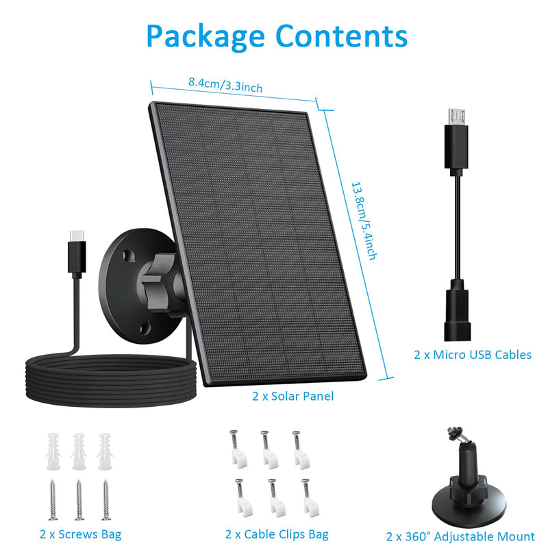2W Solar Panel for Security Camera Outdoor, USB/USB-C Charger with IP65 Waterproof, 360° Adjustable Mount & 7.2ft Cable, Compatible with Rechargeable Battery Cameras (2 Pack, Black) 2W-2 Pack-Black