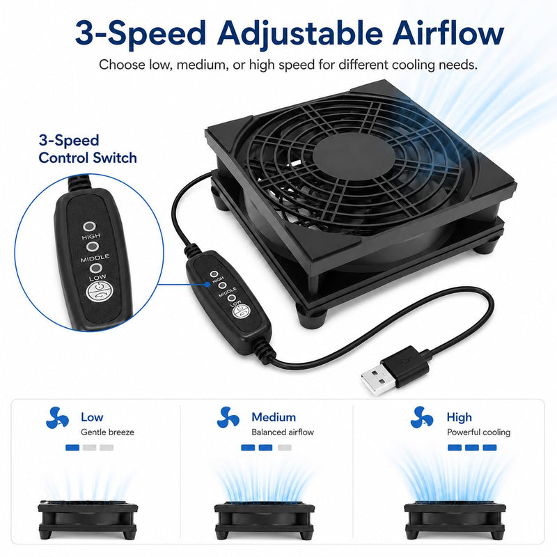 120mm USB Cooling Fan, 3-Speed Adjustable Airflow with Protective Grill, Plug and Play Cooler for Router, Modem, TV Box, AV Cabinet, Game Console, Mini PC, Black