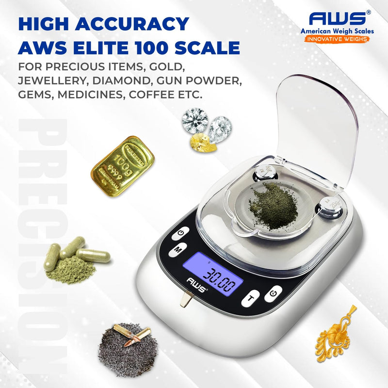 AWS Elite-100 Milligram Scale 100g x 0.001g–Digital Jewelry/Lab Scale for Powder, Gold, Gems – Includes Calibration Weights, Tweezers & Tray–Tare, Cal, 6 Units (Gemini Pro - 100g) Elite Pro - 100g