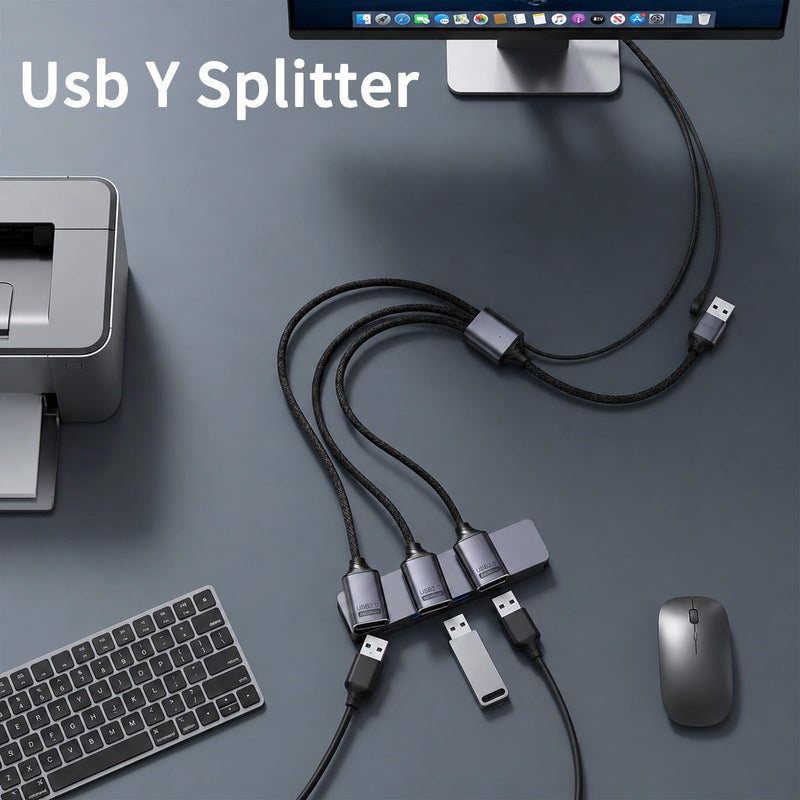 USB 2.0 Adapter USB Y Splitter 1 in 3 Out, 0.8Ft Male to 3 Female Extension Hub Cable for Car/PC/Laptop/Keyboard/Smartphone/Flash Drive Data Transmission (Black)