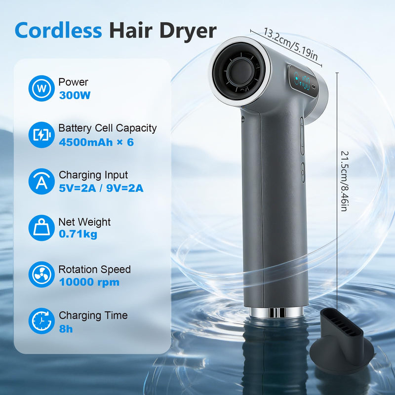 Hair Dryer Cordless, 300W Fast Drying Blow Dryer with Digital Screen, 27000mAh Rechargeable Portable Travel Hairdryer, 100000RPM, 100 Speeds, USB Charging, Hot & Cold Wind for Travel,Camping (Grey) Grey