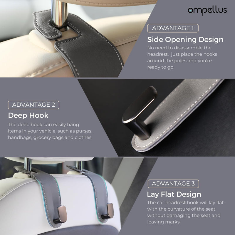 Car Headrest Hook, 2 Pack Leather Car Seat Hooks for Purses and Bags, Car Organization Accessories (Black) Black