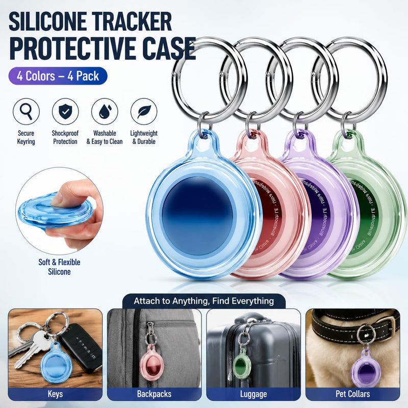 4 Pcs Clear Tracker Protective Cover, Transparent Full Wrap Anti-Scratch Shell with Key Ring, Waterproof Anti-Loss Portable Locator Sleeve, Mixed Color Daily Carry Protective Case