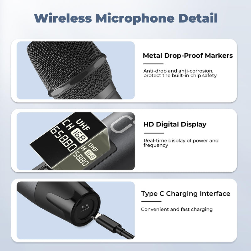 Wireless Microphones, Professional UHF Dual Microphones for Karaoke, Wireless Dynamic Microphone System Set with Rechargeable Receiver,Plug and Play, Speech, Wedding, Church, PA System Green
