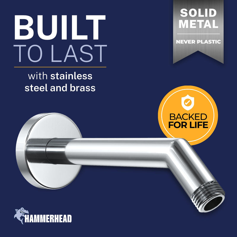 HammerHead® Solid Metal Shower Arm and Flange - 7.5 Inch 304 Stainless Steel Extension Pipe - Universal Shower Head Arm with Flange and Locking Screw, Chrome