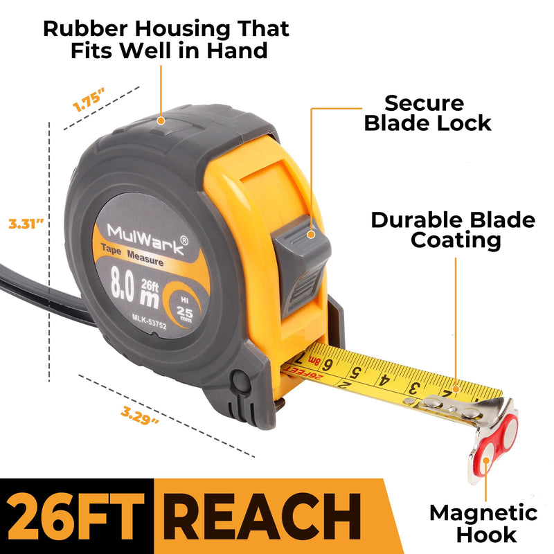 MulWark 2 Pack Metric Tape Measure, Easy Read Measuring Tape Retractable with Fractions 1/8, Both-Side Metal Blade, Magnetic Hook & Shockproof Case for Construction, Carpenter, Architect, Woodworking 26 ft Yellow-Grey