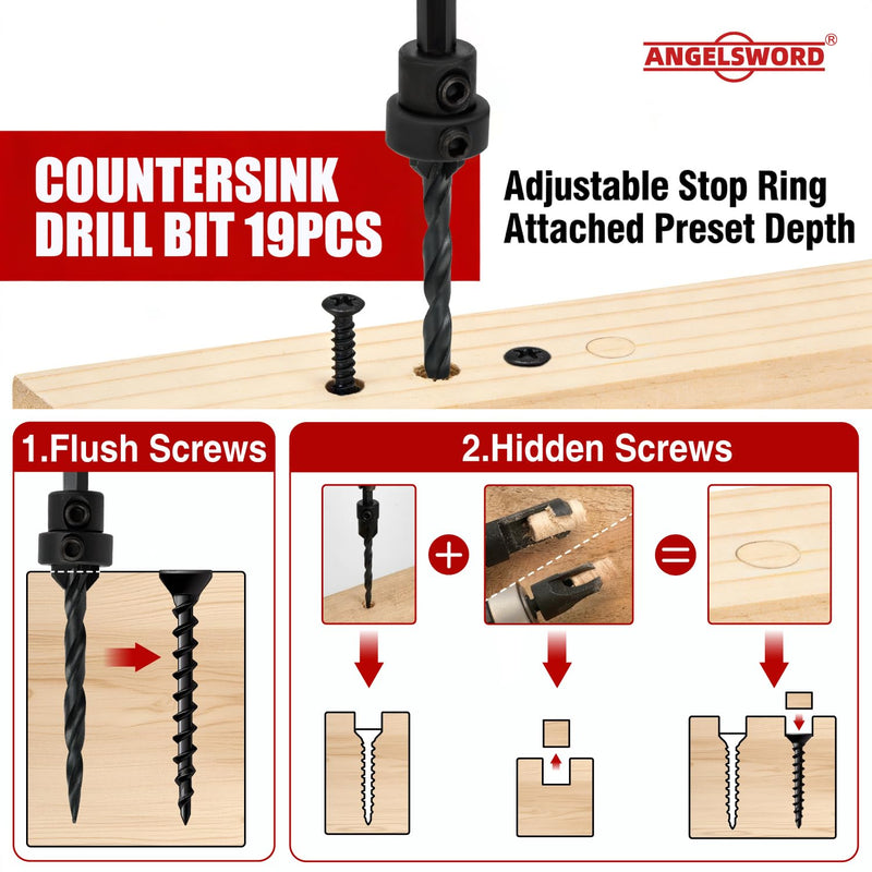 ANGELSWORD Countersink Drill Bit Set, 19 PCS Tapered Drill Bits Counter Sink Drill Bit with 4PCS Wood Plug Cutters, 1PC Magnetic Extension Bit Shaft for Woodworking