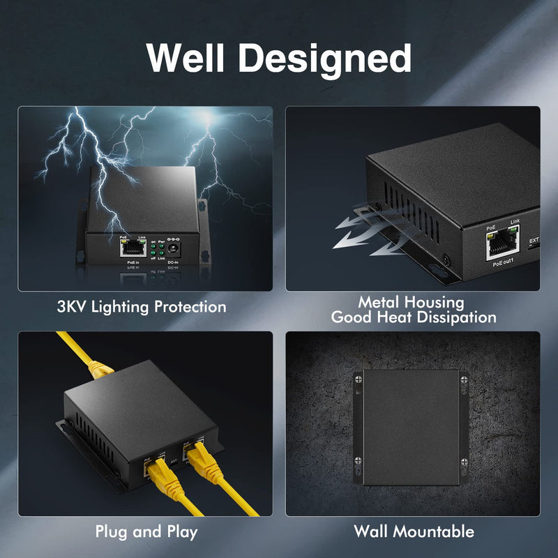 Gigabit PoE Extender Passthrough Switch, 1 PoE in 2 PoE Out, IEEE802.3af/at/bt PoE Powered Max 60W, Hi-PoE 90W, 10/100/1000Mbps, Metal Small Wall Mount PoE Extender/Injector/Network Extender 1000M 60W