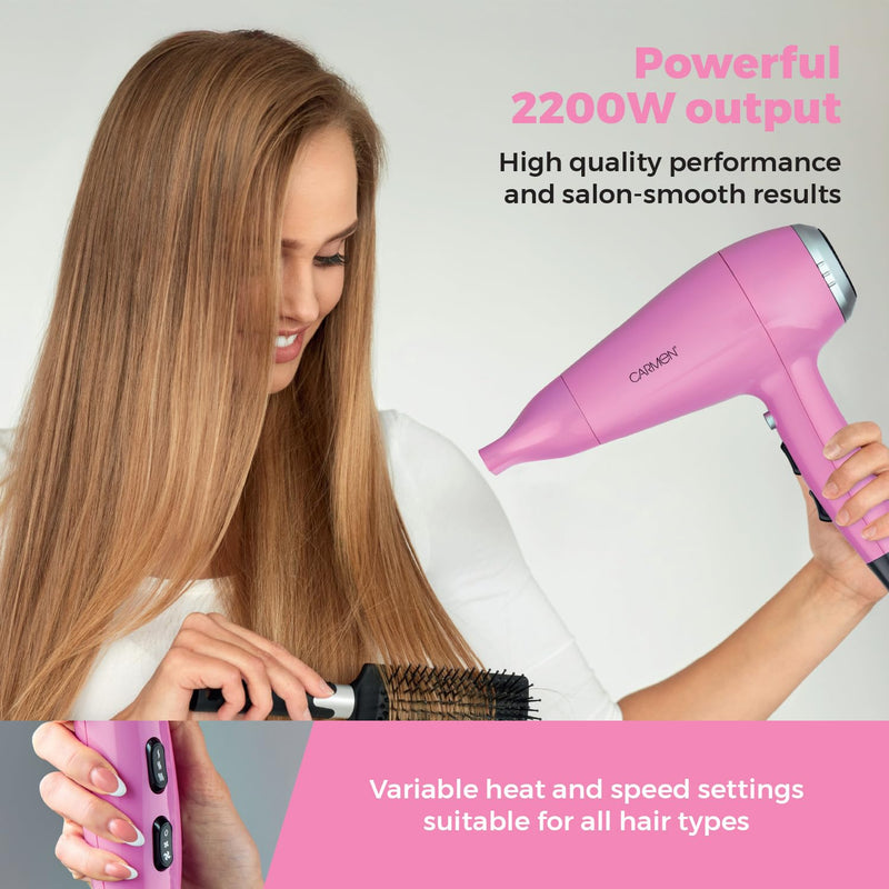 Carmen Hair Dryer with Concentrator Nozzle, Three Heat Settings, 2 Speed Settings, 2200W, Pink, C81247PNK