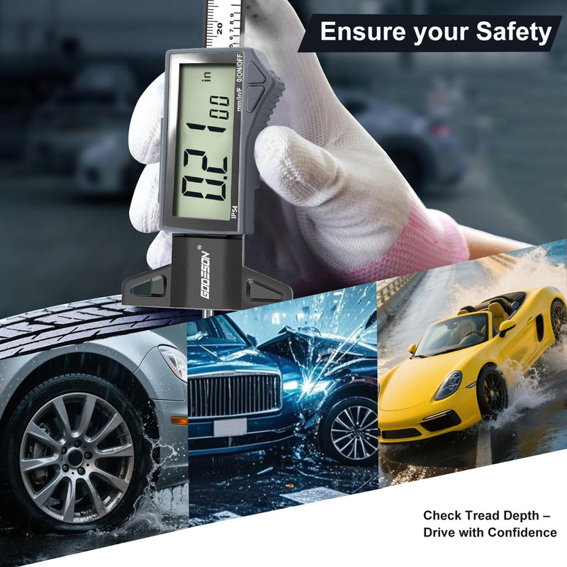 GODESON Digital Tire Tread Depth Gauge - IP54 Waterproof, 2.5" LCD Screen, 3 Modes (Fraction/Inch/MM), 1" Range, Auto-Off, Tire Wear Measure Gauge Tool 32nds for Car, Truck & SUV Tires IP54 IN/MM/FRAC - Grey