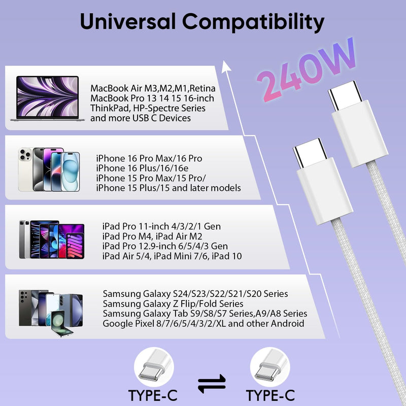 USB C to USB C,240W USBC Woven Charge Cable,10FT 2Pack Long USBC Cable Fast Charging Cord for Apple MacBook Pro/MacBook Air,iPad Pro/Air,iPad mini,iPhone 16e 16 15 ProMax Compatible 140W/100W/60W/45W 10FT 2