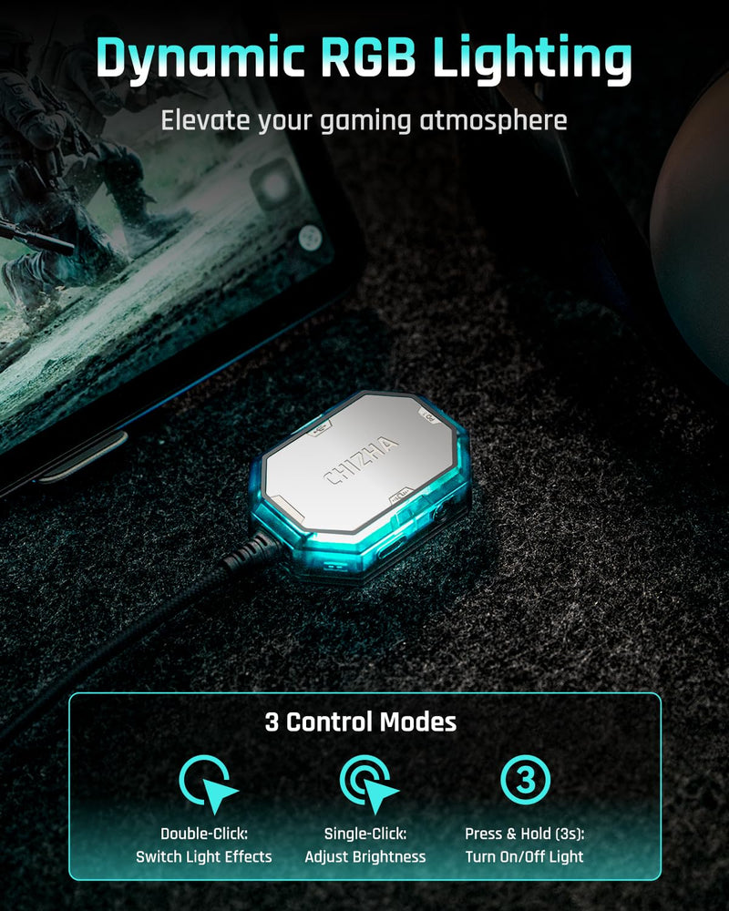 Chizha Gaming Audio Hub for USB-C Devices, Low-Latency Wired Gaming DAC Adapter with 3.5mm Headphone Jack, PD Fast Charging & RGB Lighting, Compatible with iPhone16/15, Android Phones, Steam Deck Straight