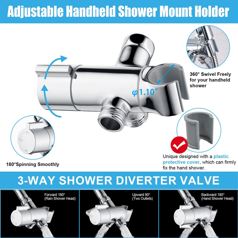 Metal Shower Diverter Valve with Hand Shower Holder, Full Flow Shower Arm Diverter for Hand Held Showerhead and Fixed Spray Head, G 1/2 3-Way Universal Shower System Replacement Part Uvish