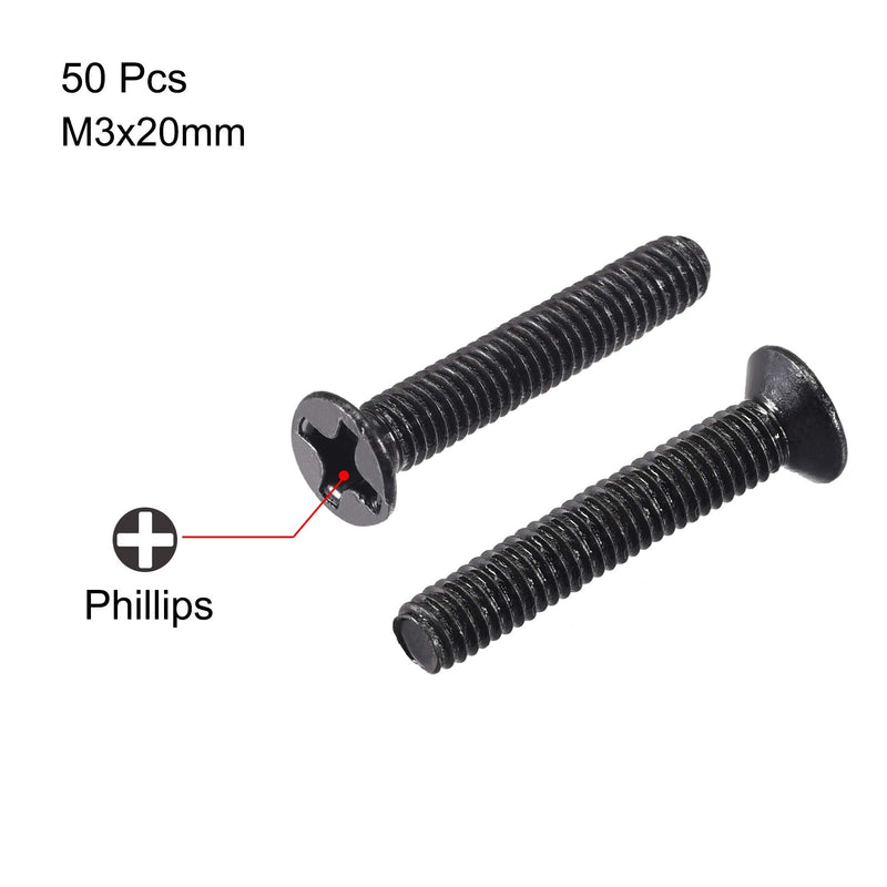 uxcell M3 x 20mm Phillips Screw Fastener Black for Laptop PC TV Fan Switch 50pcs