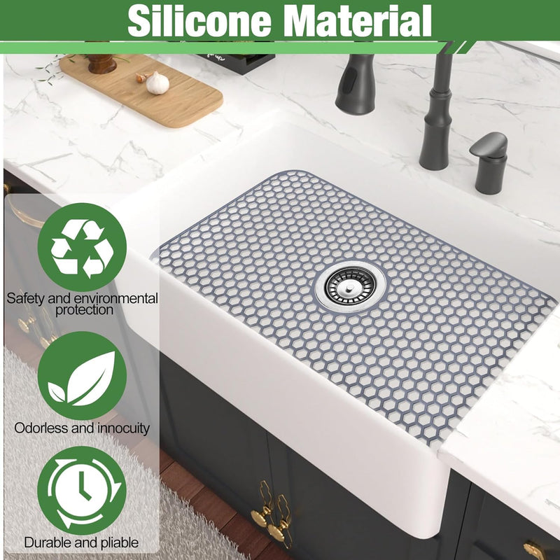 Sink Protectors Mat - 25.79"x13.98" Kitchen Sink Pad for Bottom of Basin for Protection of Stainless Steel and Tableware, Farmhouse Rubber Basin Mat Protector with Center Drain - Light Gray 25.79"x13.98" - Center Drain