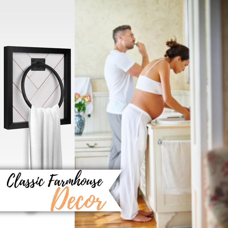 Autumn Alley Farmhouse Decor Hand Towel Ring for Bathroom - Rustic Hand Towel Holder - Rustic Towel Rack Ring Holder, Wall Mounted, Bathroom Decor Towels with Unique Shiplap, Black Ring, Wood, White
