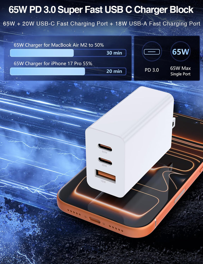 Susnwere 85W Dual USB C Charger Block, 3-Port 100W Fast USB-C Power Adapter Wall Charger Plug Type C Charging Adapter for Laptop & Tablets/Android Phones iPhone 17/16/15 Pro Max, iPad Pro/Air/mini White