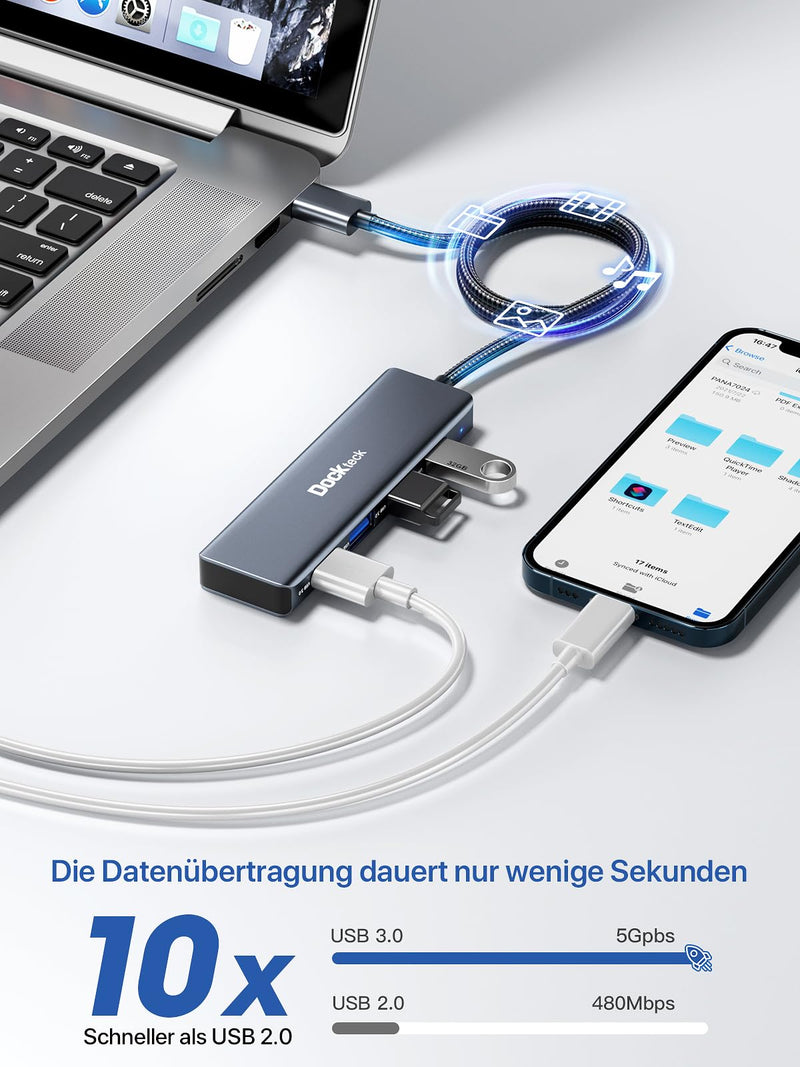 USB Hub, Dockteck 4-Port USB 3.0 Splitter, Aluminum 2ft USB Extender Compatible with MacBook,XPS, Surface Pro,Mac mini/Pro, iMac, Mouse, Keyboard, Flash Drive, HDD,Camera, and More