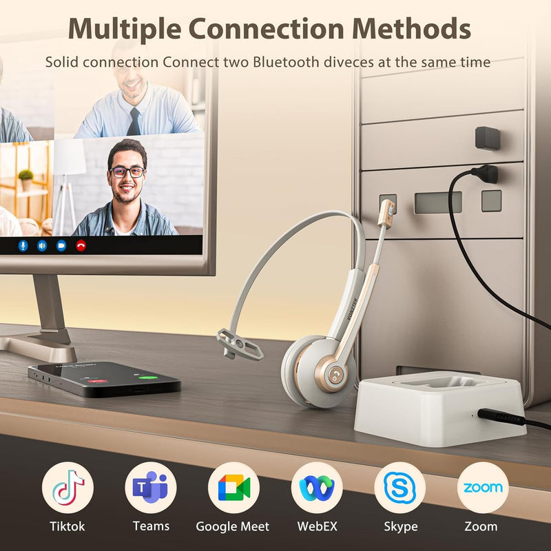Bluetooth Headset with Microphon USB Dongle for Office | Wireless Headset with Mic with AI Noise Canceling, Charging Base, Mute Function V5.2 for Computer/Phone/Work/Skype
