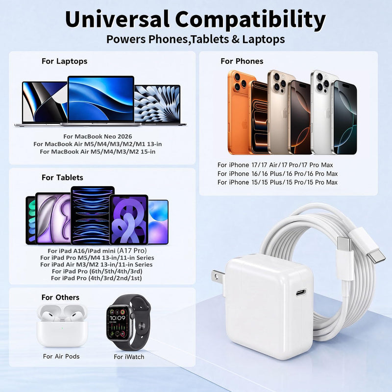 Mac Book Air Charger, 30W USB C Charger for MacBook Air 15 13 Inch M5 M4 M3 M2 M1, Fast Charging Block Plug USB C Power Adapter & 6FT USBC Cable for MacBook Neo, iPhone 17/16/15 Pro,iPad Pro/Air/Mini