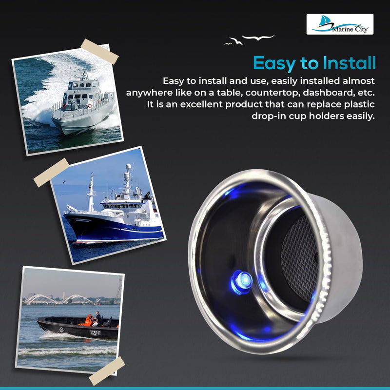 Marine City Drink Cup Holder with Drain – Stainless Steel, 12V 1W- 3 Blue LED Light, Ideal for Boat, RV, Poker Table, Car, Dashboard (Pack of 1) 1-Pcs