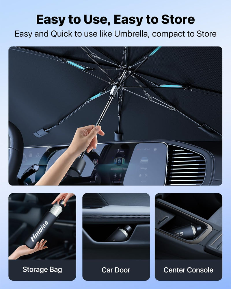 [2024 Upgrade] Nmoiss Windshield Sun Shade Umbrella for Car - [Vinyl Coating] Protect Car from Sun Rays & Heat Damage Keep Cool and Protect Interior, Spring Structure Edge Medium (56" L x 31" W) Medium (56"L x 33"W)