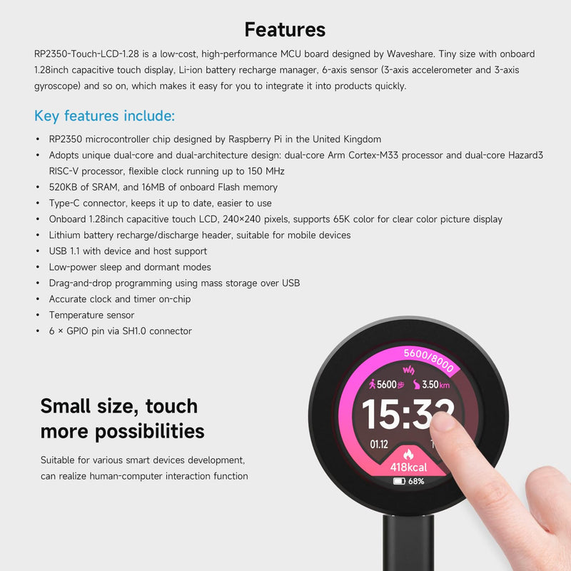 Waveshare RP2350 MCU Board, with 1.28inch Round Touch LCD, Dual-core & Dual-Architecture Design, 240×240 Pixels, 65K Color, IPS Panel, with Case