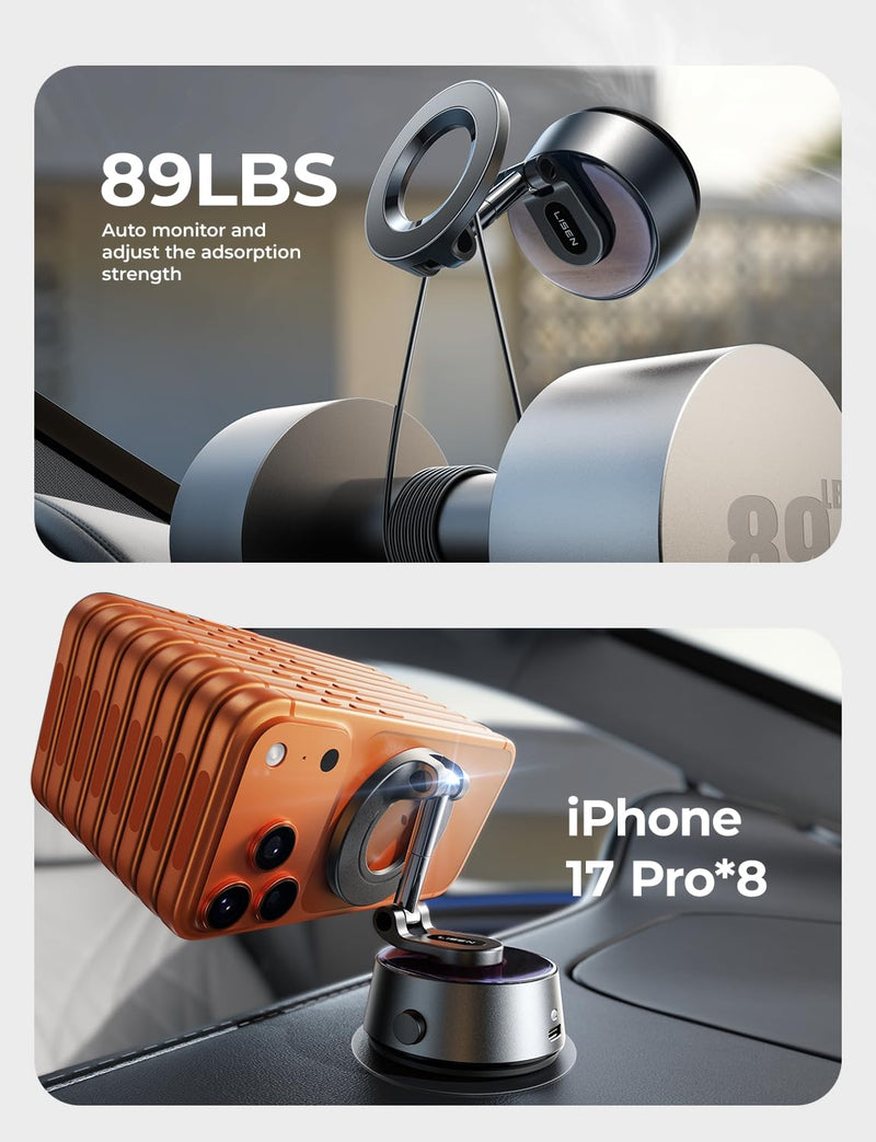 LISEN SuctionPro Vacuum Magnetic Phone Holder Electric Content Creator Phone Holder 360 Adjustable MagSafe Suction Cup Car Phone Mount fit Video Recording for iPhone 17 Pro Max Air 16 15 14 13 Black