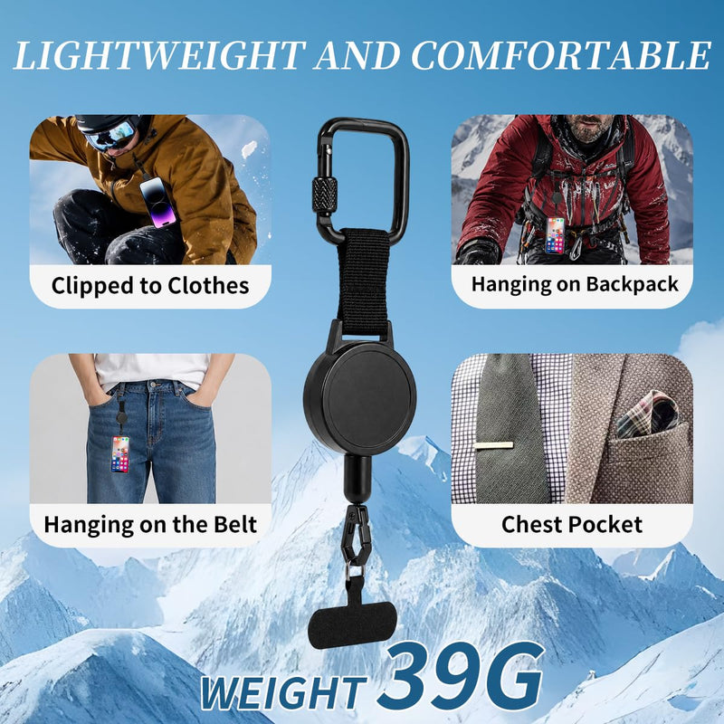 Retractable Phone Tether Anti Theft: Phone Lanyard for Skiing, Hiking, Outdoor Travel, Anti Pickpocket Phone Strap with Locking Carabiner & Universal Anchor(2PCS) Black Black-2pack