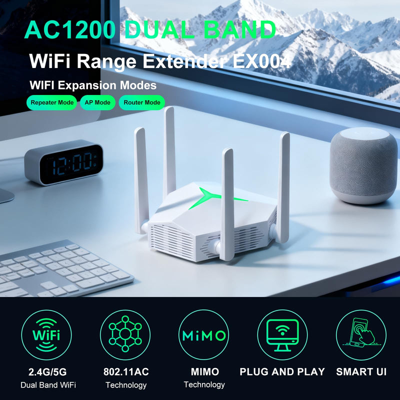 2025 AC1200 WiFi Range Extender, USB Dual Band 5GHz/2.4GHz WiFi Repeater with 3 Modes & 2 Ethernet Ports Cover up to 12000 Sq.ft, EX004 Internet Signal Booster for Whole Home, Plug and Play (White) White
