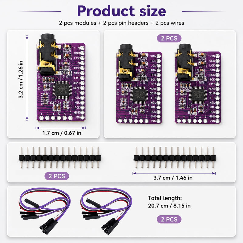 2Pcs IIS PCM5102 PCM5102A AUX Stereo Digital Audio | DAC Decoder Board Module Player Voice Module Digital to Analog Audio Converter