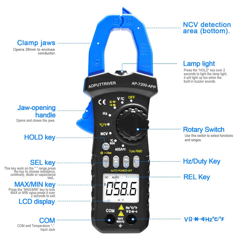 Digital Clamp Meter Bluetooth Clamp Multimeter ac dc amp Meter AP-7200APP Auto-ranging 6000 Counts Amp Meter Voltage Tester Measures Amperage, Volt, Capacitance, Continuity, Ohm Clamp-on Ammeter