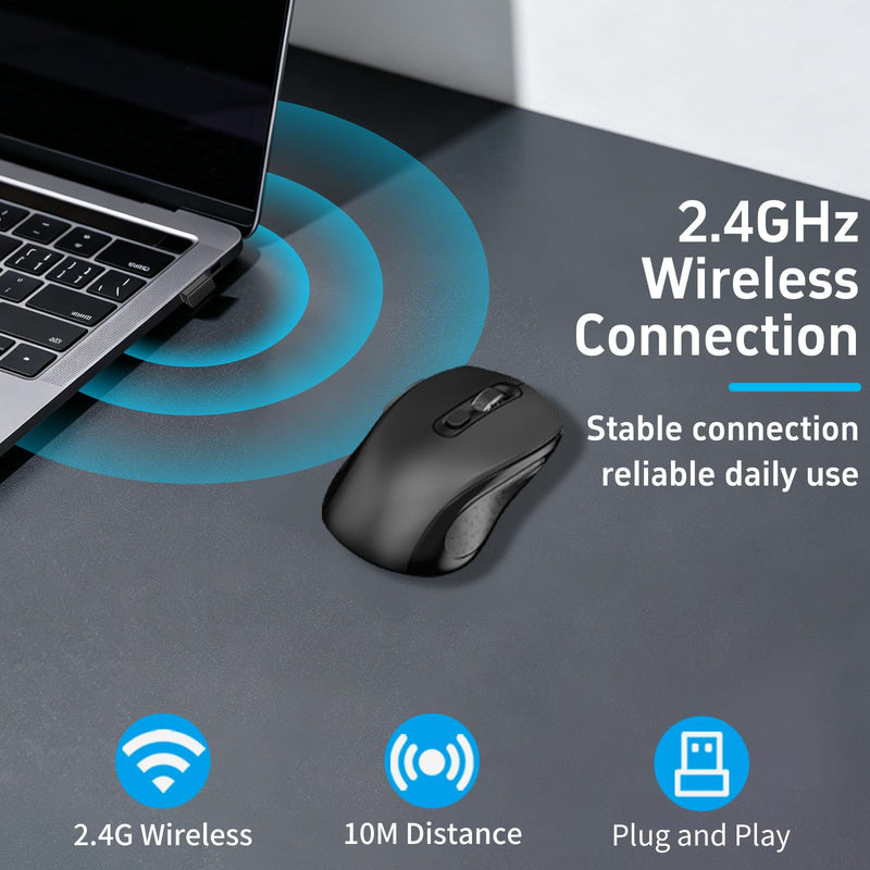 Ergonomic 6 Key Silent Side Button Wireless Mouse Black | 1000/1600/2400 DPI adjustable, anti-slip scroll wheel, USB nano receiver, compatible with Laptop, PC, Chromebook & Mac