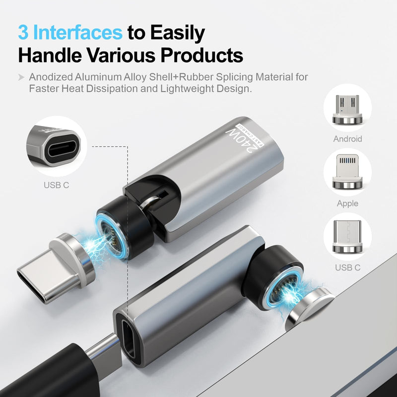 240W 360° Rotatable Magnetic USB-C Adapter 2Pack for Mac/iPad/Samsung | 180° rotation, anti-wear dustproof, 240W fast charging, for iPhone 17/16/15, MacBook Pro/Air, iPad, Samsung, Laptop, Tablet