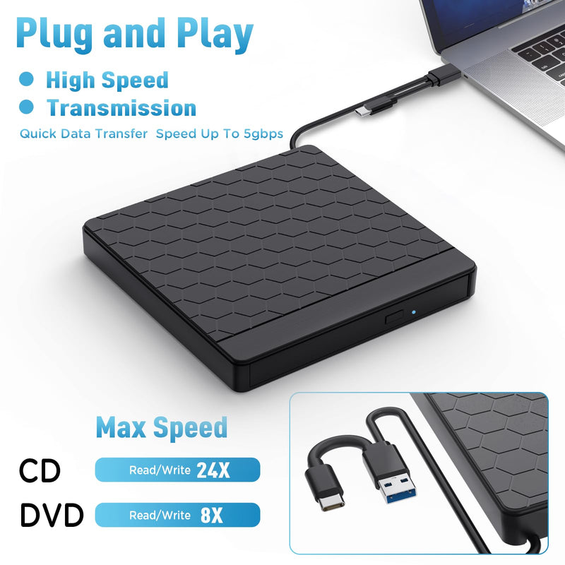 External CD DVD Drive for Laptop, CD Burner with TF/SD Card Slots, DVD Player for Laptop, USB CD DVD Drive External CD Reader Compatible with Laptop PC Desktop Windows 11/10/8.1/7 Linux Mac OS