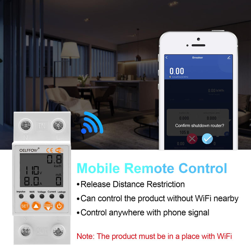 WiFi Circuit Breaker Smart Miniature Circuit Breaker - Single Phase AC85-300V 63A, Din Rail Mount, for Leakage, Over/Under Voltage and Over Current Protection (Top Input, Bottom Output) White (Top Input, Bottom Output)