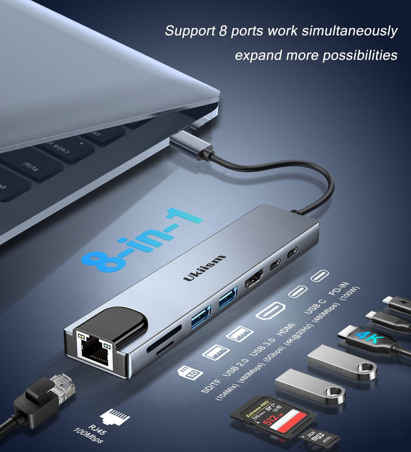 USB C Hub Ethernet HDMI Adapter, 8 in 1 Docking Station with 4K HDMI, RJ45 Ethernet, SD/TF Card Reader, USB 3.0/2.0, PD 100W, LAN USB-C Dongle for MacBook Pro/Air, iPad Pro, XPS, etc 8-in-1