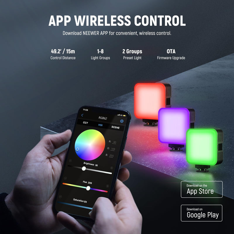 NEEWER RGB62 Magnetic RGB Video Light with APP Control, 2 Pack 360° Full Color LED Camera Light with 3 Cold Shoes CRI97+ 2500K-8500K 17 Scenes 2000mAh Rechargeable Portable Photography Selfie Lighting