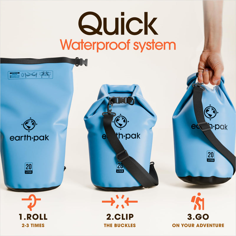 Earth Pak Waterproof Dry Bag - Roll Top Waterproof Backpack Sack Keeps Gear Dry for Kayak with Waterproof Phone Case 30L Light Blue