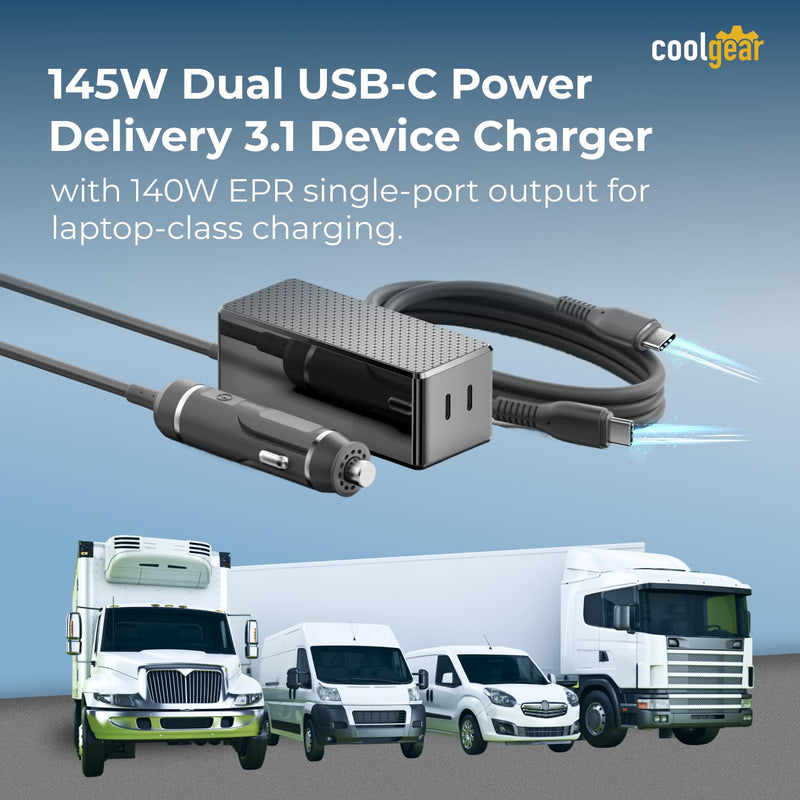 Coolgear 145W Dual USB-C Car Charger - PD 3.1 EPR Type C Vehicle Charger with 140W Laptop Charging, Mountable Flanges and 12V to 24V Plug for Trucks, Fleet Vans and Mobile Workstations