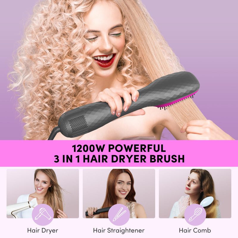 Hair Dryer Brush One Step Blow Dryer and Styler Professional 1200W Powerful Ceramic Tourmaline 3 Heat/2 Speed Settings (Gray) Gray