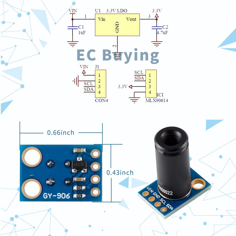MLX90614ESF-DCI Non-Contact Infrared Temperature Sensor Module High Precision Infrared Temperature Sensor Module Long Distance 50cm Serial Port IIC Suitable for Arduino/DIY (GY-906-DCI)