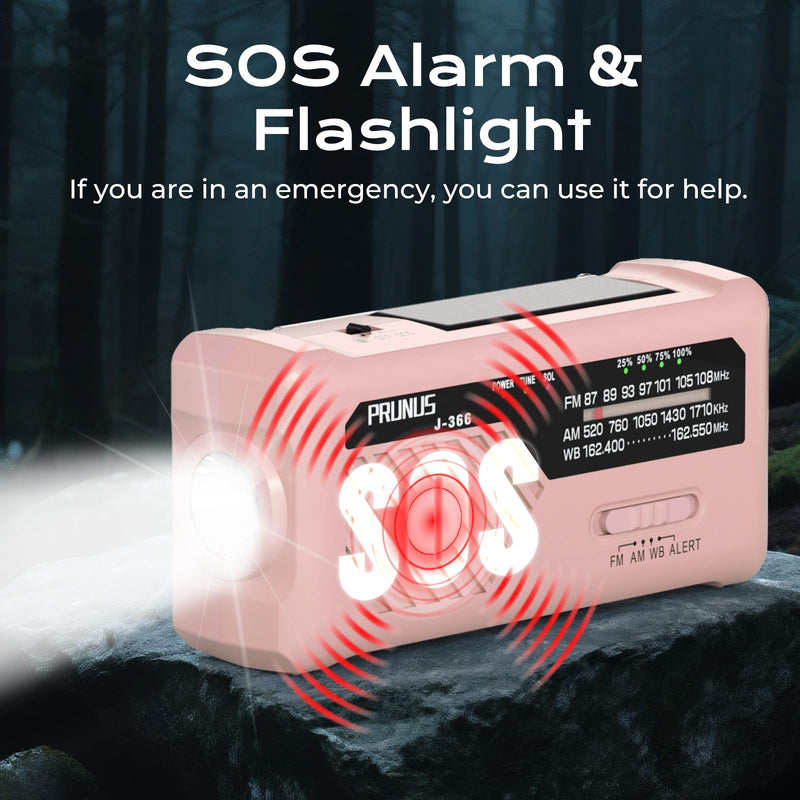 PRUNUS J-366 Emergency Radio with 3 Charging Cables, NOAA Weather Alert | 7400mWh/Solar/Hand Crank/USB-C Charging, Battery Operated, WB/AM/FM, SOS Alarm, Flashlight, Compact for Bag, NOAA Radio Pink