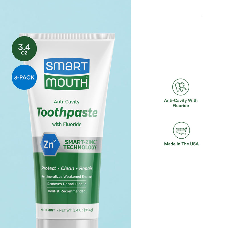 SmartMouth Anti-Cavity + Zinc Toothpaste - Fluoride for Cavity Prevention - Remineralizes Enamel - Sensitive Whitening - Alcohol-Free, Sugar-Free & Gluten-Free - 3.4 oz, 3-Pack