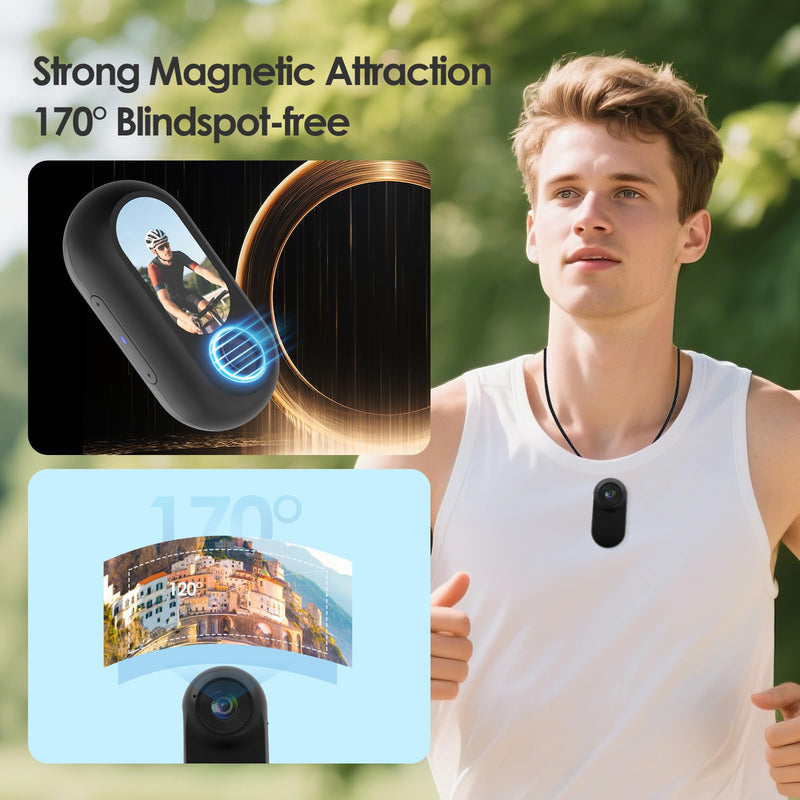 Mini Body Camera, Thumb Size Wearable 1080P Action Camera with 16GB | Magnetic Necklace POV Cam, Helmet Mount,Mounting Kit for Cycling,Vlogging,Sports,Up to 128GB Expandable,Gift for Men & Women Blcak