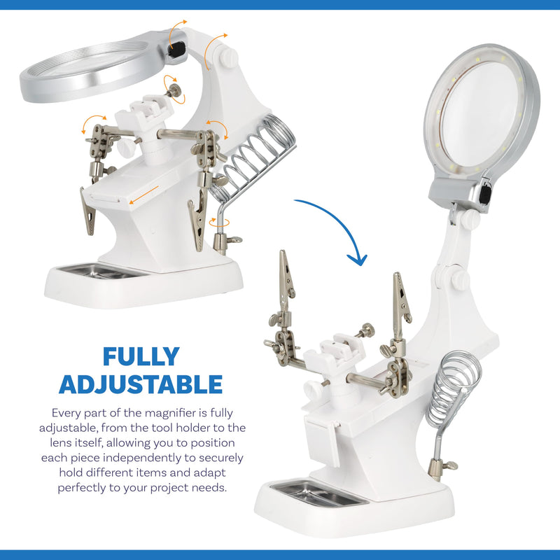 The Beadsmith Third Hand Magnifier – 3.0X Lens w/ 4.5X Inset Lens, 10 LED Lights, Fully Adjustable, Includes Alligator Clips, Tool Holder, & Removable Metal Tray