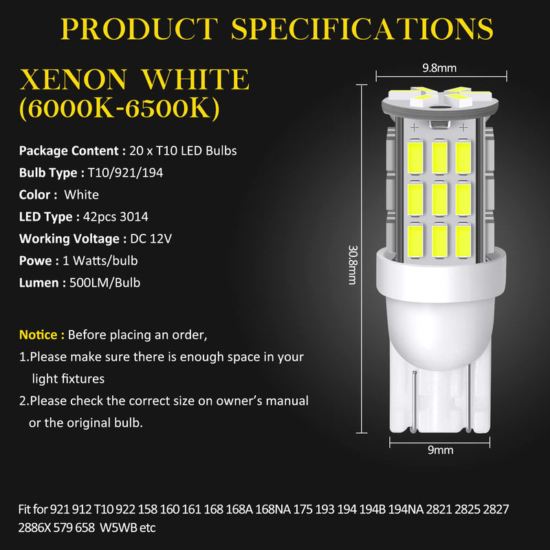 20pcs Super Bright RV Trailer T10 921 194 42-SMD 12V Car Backup Reverse LED Lights Bulbs Light Width Lamp Xenon White