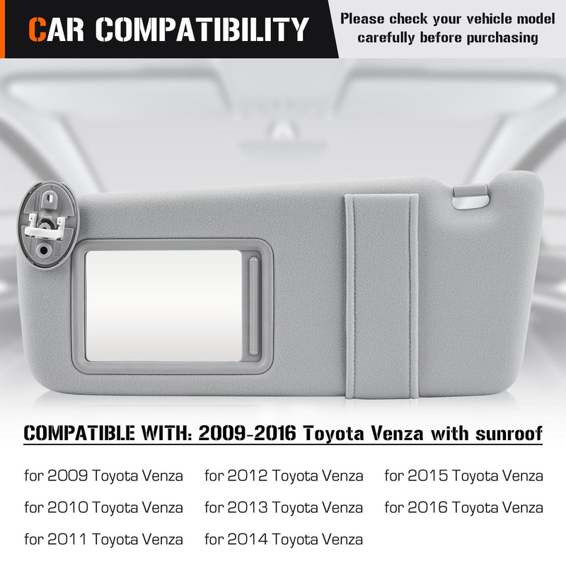 Sun Visor with Light for 2009-2016 Toyota Venza with Sunroof, Left Driver Side Gray Sunvisor Replacement 74320-0T021-A1 (Grey) Left - For Venza w Sunroof Grey
