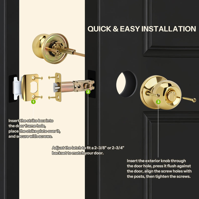 Ball Design Door Knob with Keys and Lock, Keyed Entry Round Shaped Doorknob for Front/Entrance Doors, Polished Brass Finish